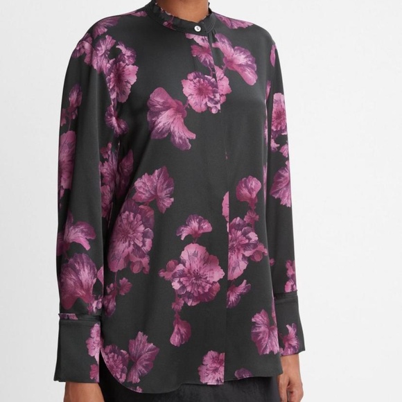 VINCE Begonia Floral 100% Silk Raw Edge Band Collar Blouse Top Wine & Blk SZ L - Picture 3 of 11